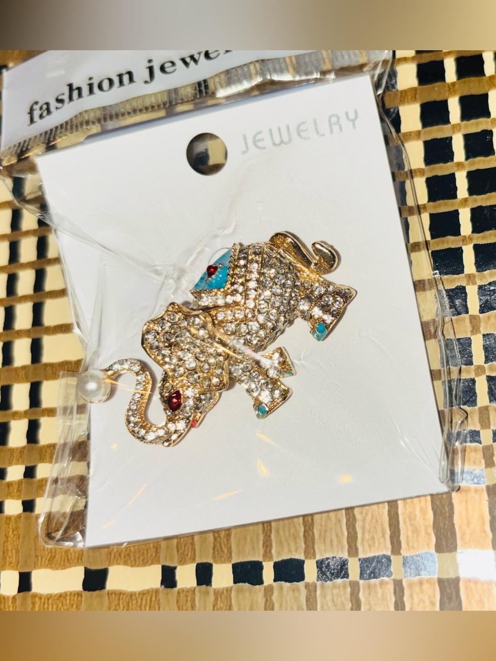 Gold-Tone Crystal Elephant Brooch with Turquoise & Red Accents - Jewelry